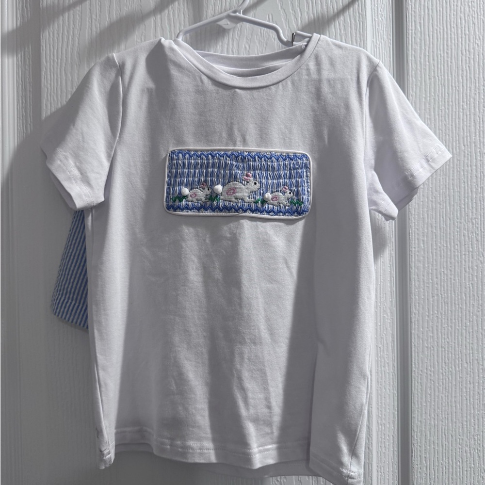 Cactus White Short-Sleeve Kids Tee with Blue Smocked bunny Panel